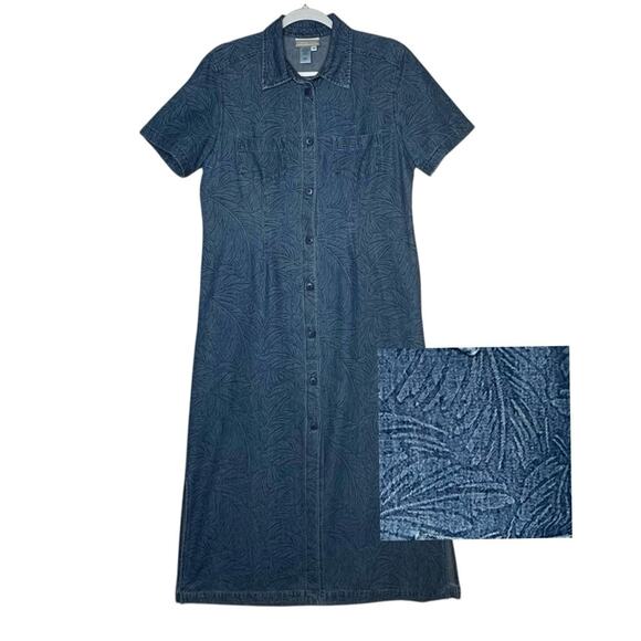Coldwater Creek Denim Button Shirt Dress PM Palm Leaf Side Slits Retro Academia - Picture 1 of 11